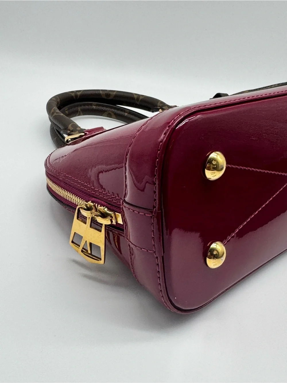 Louis Vuitton Alma BB Vernis Satchel in Deep Cherry with Monogram Strap